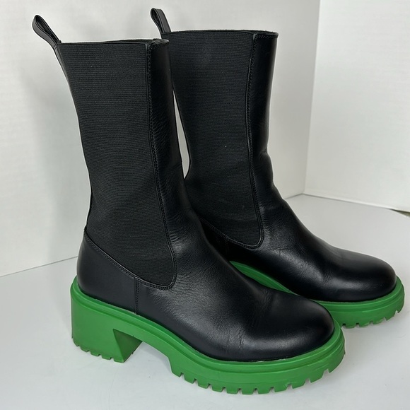 Steve Madden Hesitant Leather Lug Sole Moto Boot Black and Green Size 7.5 - Picture 1 of 12